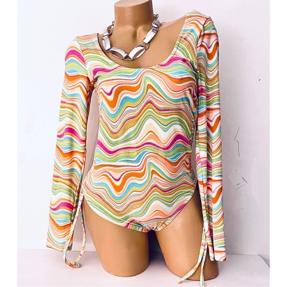 NWT Almost Famous L White Green Orange Swirl Scrunched Sides Ruched Bodysuit Top